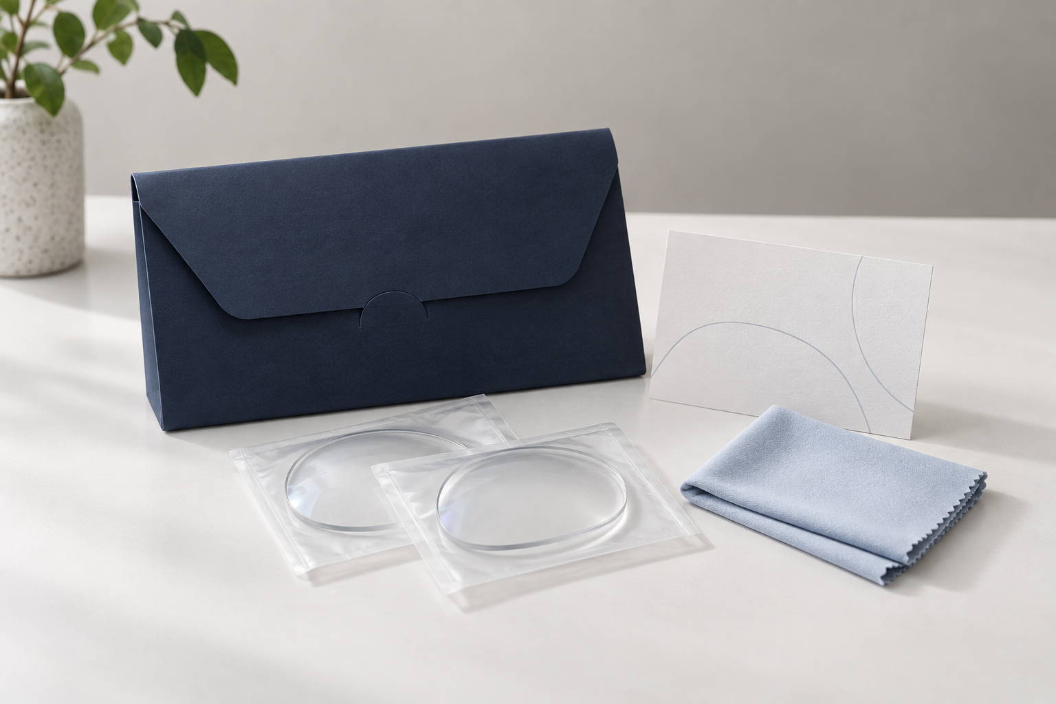 Lens packaging, warranty card, microfiber cloth, and optical lenses